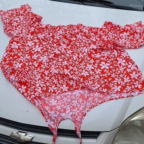 Lane Bryant orange floral off the shoulder blouse - Picture 5 of 9